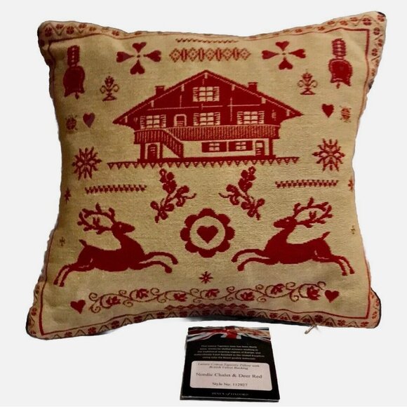 Hines Of Oxford Nordic Chalet & Deer Red Tapestry Pillow